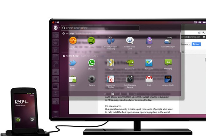 Ubuntu on Android, phone in a dock and a PC interface on the attached screen